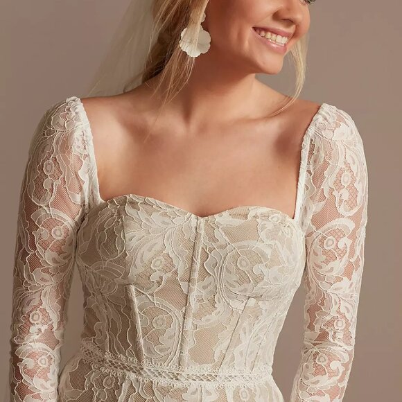 DB Studio Ivory Bisque Lace Sheath Wedding Dress with Detachable Sleeves, Size 6 - Picture 5 of 16